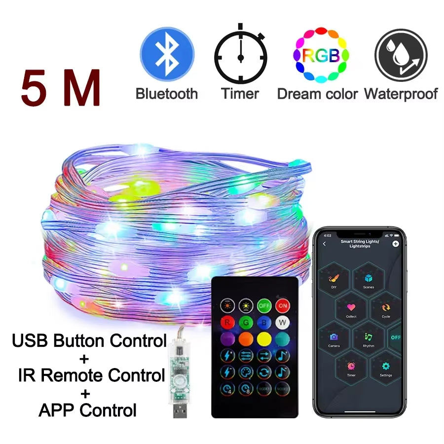 💡 Tira de Luces LED Navideña Inteligente RGB con Bluetooth – Luces Decorativas Impermeables para Interior y Exterior 🎄