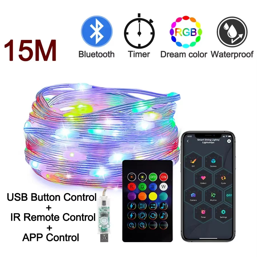 💡 Tira de Luces LED Navideña Inteligente RGB con Bluetooth – Luces Decorativas Impermeables para Interior y Exterior 🎄